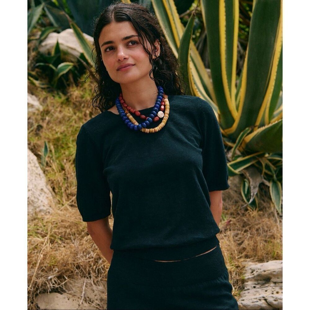 Free people free-east Isabella sweater short sleeve top linen cotton black